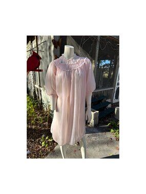 50s Patricia Peignoir Robe Sheer Pink Nylon Lace Rosettes Knee Length